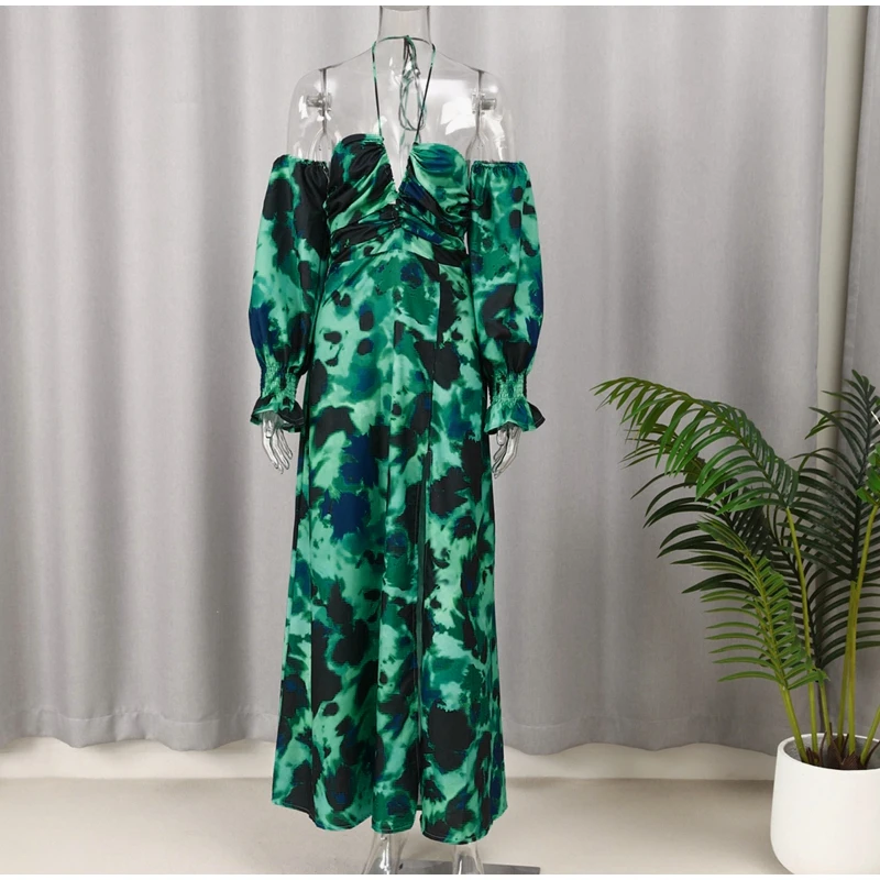 Green Halter Print Backless Maxi Dress For Women 2023 Summer New Beach Off-shoulder Thigh High Split Printing Long Dress Vestido