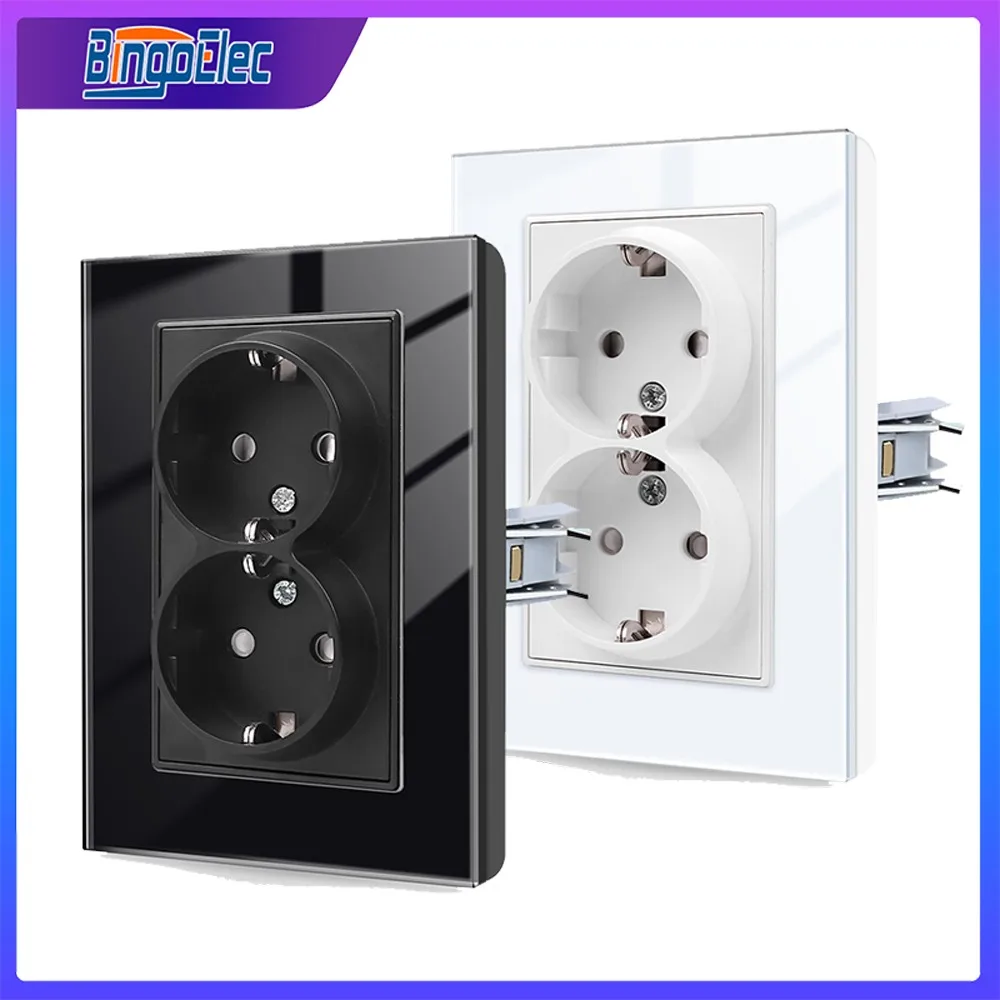 คู่ EU Wall Power Socket 120*86 mmTempered แผงกระจก 2 EU Stadnard ปลั๊กไฟฟ้าจุดไฟ AC ปลั๊ก Outlets 110-250V 1