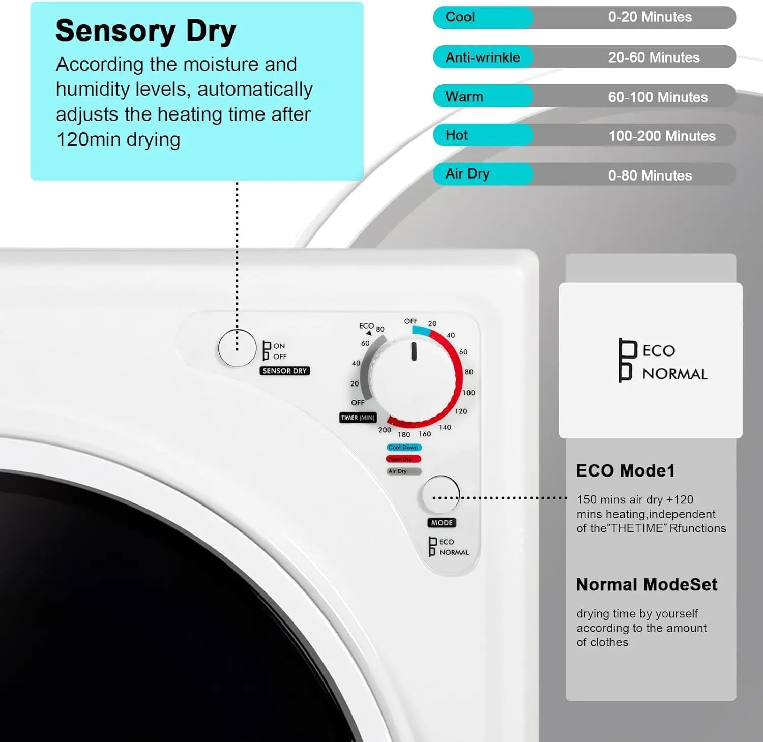 Laundry Dryer, 2.6 cu ft Front Load Stainless Steel Clothes Dryers with Exhaust Pipe, 1400W, Control Panel Four-Function Portabl 5
