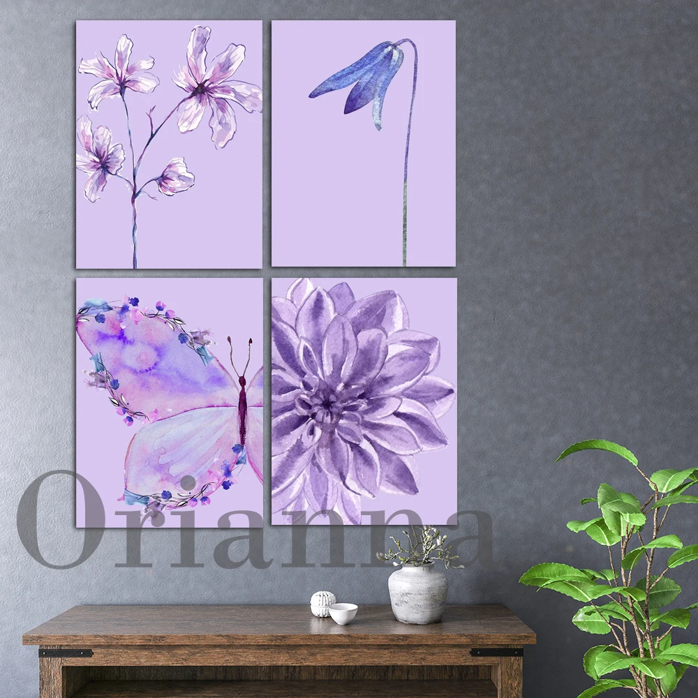 

Purple Watercolor Floral Wall Art Print, Women'S And Girl'S Art Bedroom Poster, Girly Butterfly Home Decor, Feminine Home Decor