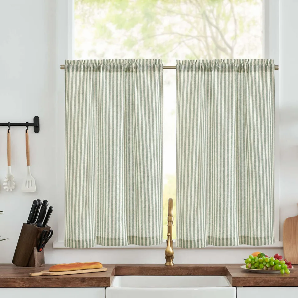 Linen Kitchen Curtains - Japanese Striped Short Rod Pocket Drapes