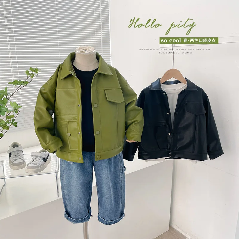 

Leather Coat Boys' Avocado Green Coat Spring New Clothing Children Korean Motorcycle Style Black