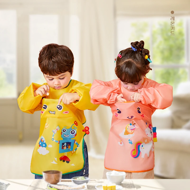 1-10 Years Old Children Bib Little Boy Girl Long Sleeves Apron Child Waterproof Smock Kids Feeding Teething Painting Bibs