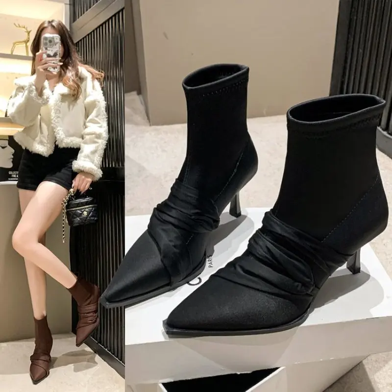 New Brand Women Ankle Boots Fashion Pointed Toe Slip On Ladies Elegant Short Boots Shoes Thin High Heel Dress Pumps Comfort New