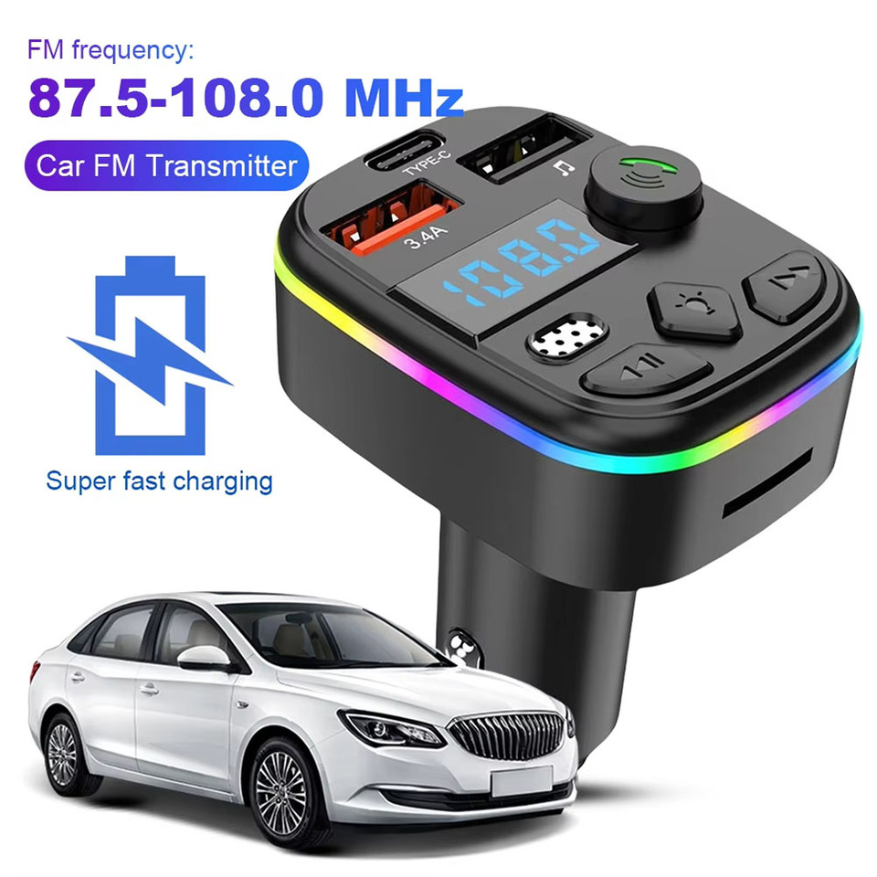 Type-C Wireless Light 5.0 Car FM Transmitter PD Type-C Dual USB Ambient Player MP3 Charger Handsfree PD QC3.0 Bluetooth