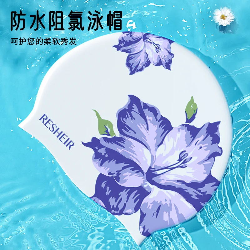 Women's Silicone Swimming Hats Waterproof Printed Swimming Caps Oversized and Comfortable Ear Protection Swim Caps for Long Hair 2