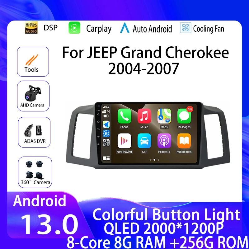 

Автомобильный радиоприемник для JEEP Grand Cherokee 2004-2007 LHD, Android 13, 4G, Wi-Fi, видеоплеер для Carplay, Автомобильная GPS-навигация без DVDQLED DSP BT