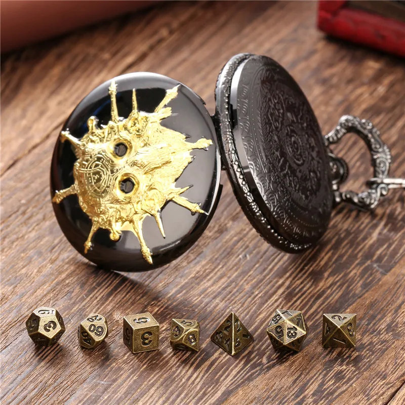 Antique 7pcs/set Metal Gaming Dice with Skull Pattern Pocket Watch Case FOB Chain Dragon Games Accessory Dices