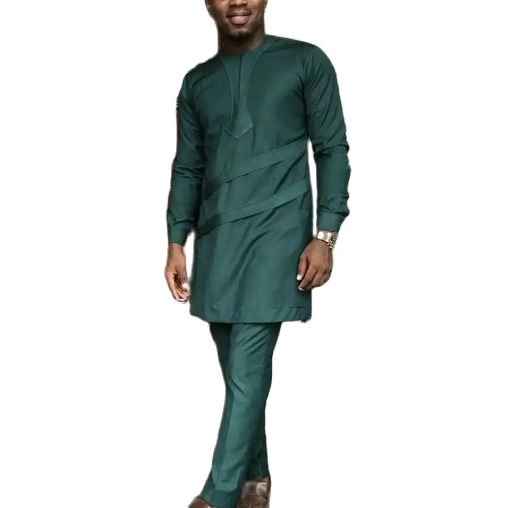 Kaftan Outfit Set Kaftan Elegant African Men's Set Long Sleeve Ethnic Top And Pants Full Luxury 2 Pieces Outfits Dashiki Solid Color Wedding Dress