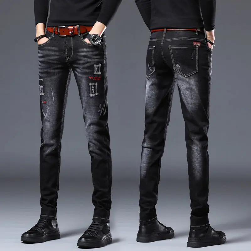 

Summer Thin Men's Jeans Slim Fit Small Feet Trend Embroidery Fashion Brand Stretch Black Long Pants Men's Style mens jeans
