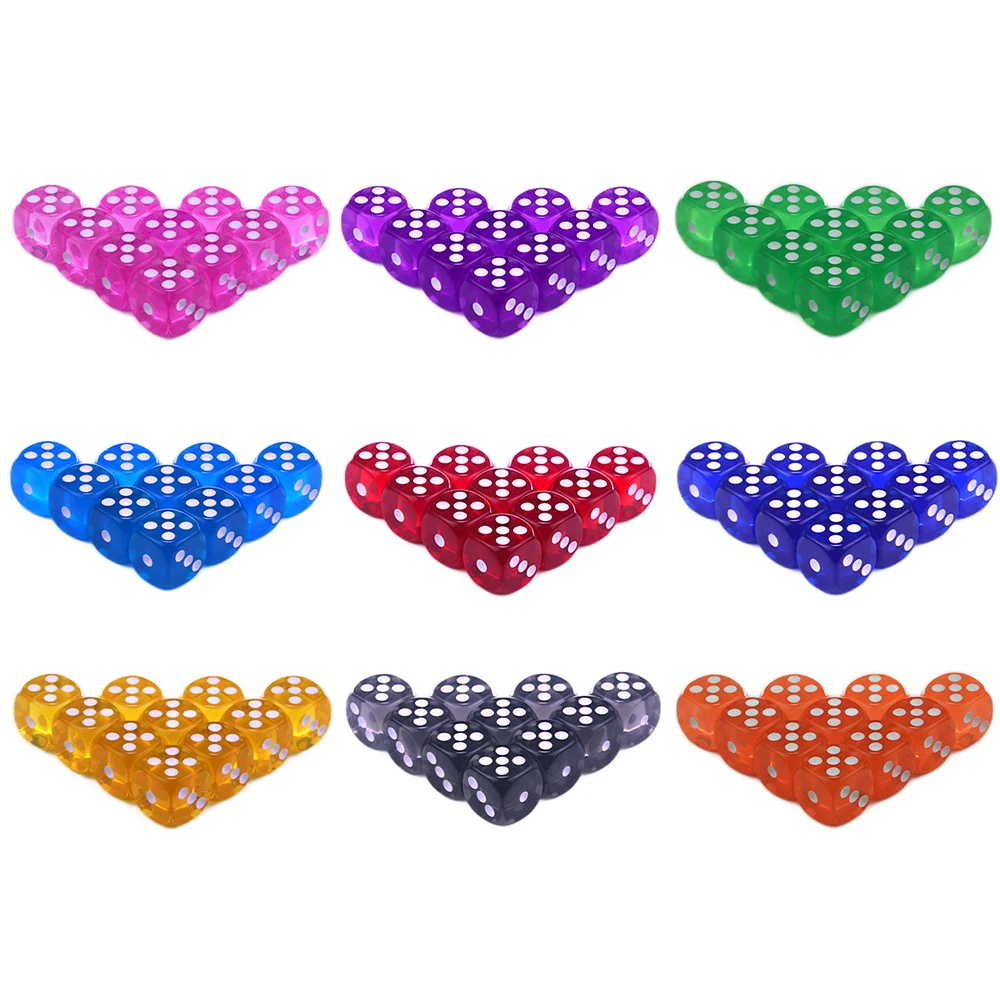 Colorful Set of 10 Transparent D6 Dice with Standard Dots for Party and Tabletop Game Fun