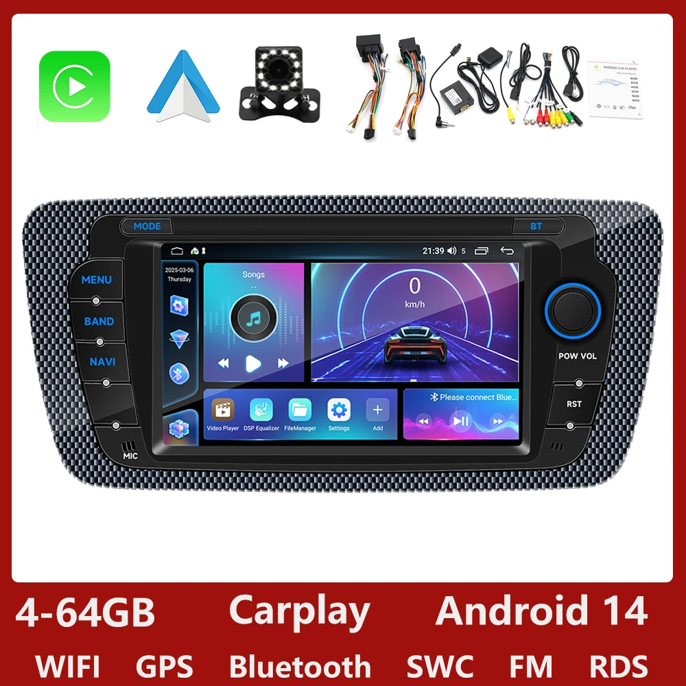 Autoradio Android 4+64G 9'' Per Seat Ibiza 2009-2013, Wireless Carplay, GPS, Bluetooth, Telecamera Posteriore
