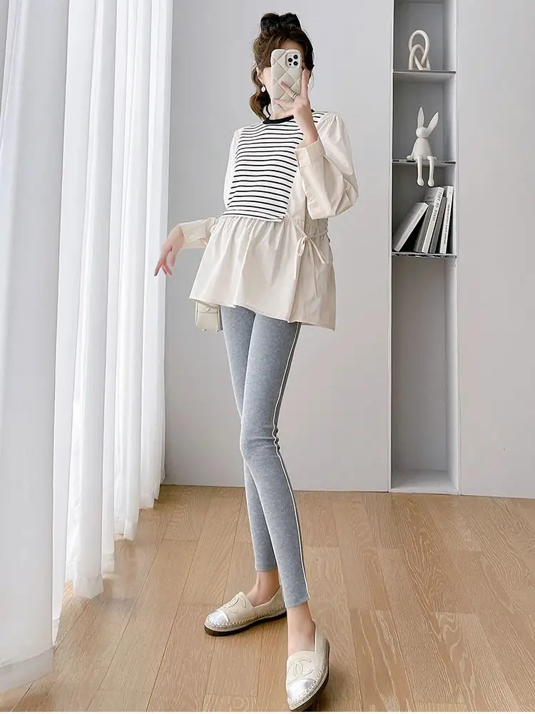 Korean Style Striped Patchwork O-Neck Puff Sleeve Maternity Shirts Loose Fashion Pregnant Woman Blouse Pregnancy Cotton Top Tees maternity tops