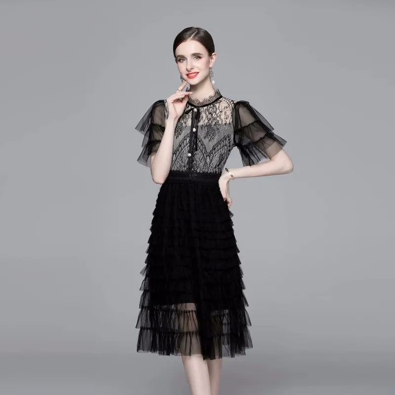 

New Elegant Summer Lace Patchwork Mesh Cake Dress Vintage Women O Neck Flare Sleeve Hollow Out Ruffles Black Party Long Vestidos
