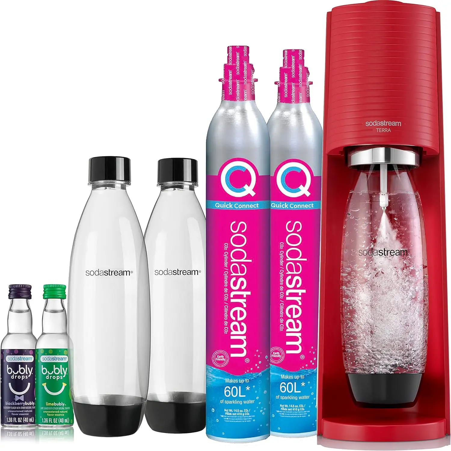 

SodaStream Terra Sparkling Water Maker Bundle (Red), with CO2, DWS Bottles, and Bubly Drops Flavors USA Four-color