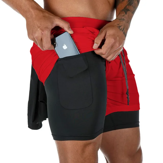 Herren Double Layer Fitness Shorts mit Kordelzug, Mesh-Futter, elastischer Taille, atmungsaktiv, schnell trocknend für Strand, Pool, Sommer