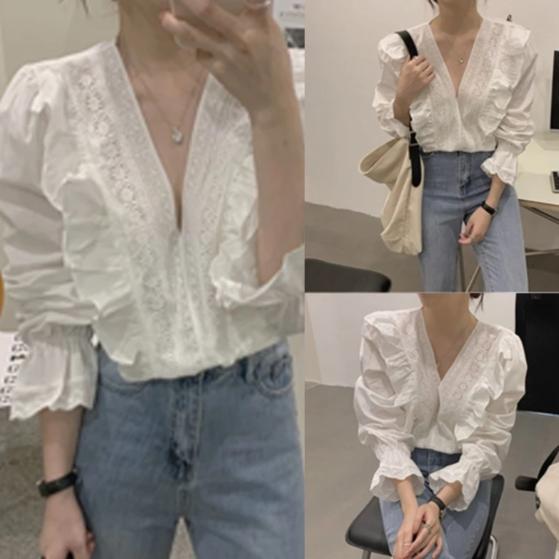 

Breathable Polyester Fiber Long Sleeve Shirt with Unique V Neck Ruffled Cuff Stay Confident and Comfortable All Day