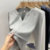 2025 Women's Basic Style Slim Fit V-Neck Long Sleeve T-Shirt Korean Style Versatile Simple Base Layer Top Casual Tee for Women