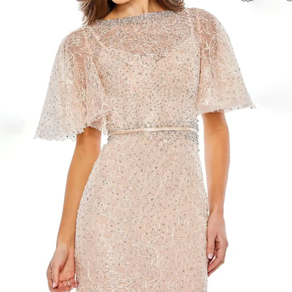 Customize Bateau Neck Short Sleeves Lace Beaded Satin Belt Full Length Sweep Train Mother of the Bride Dress