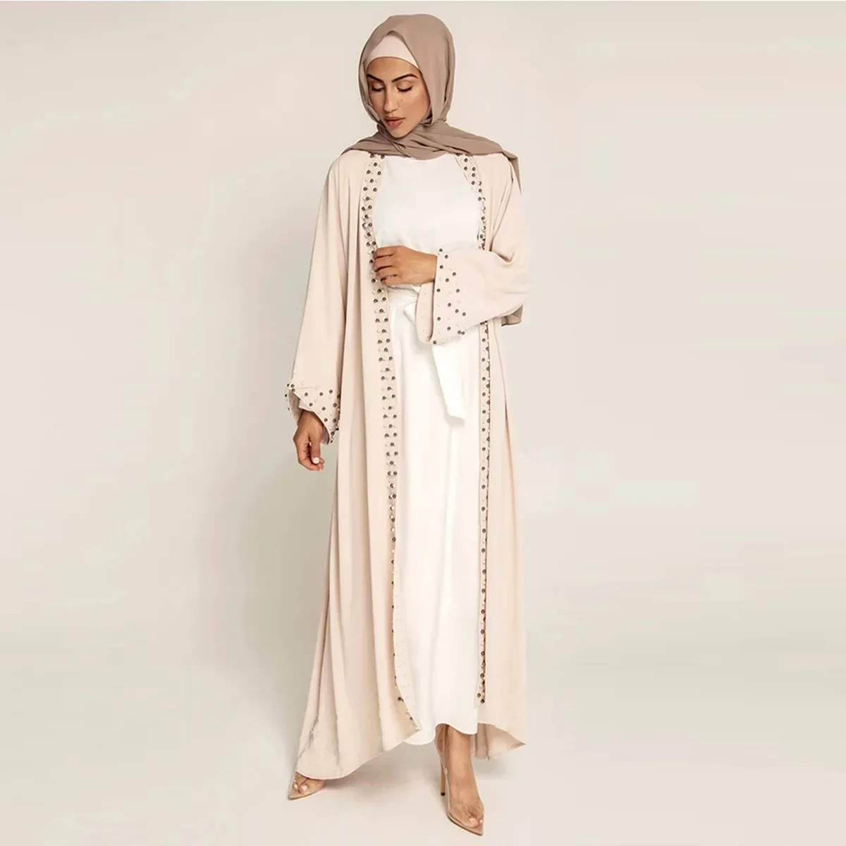 Eid Open Abaya Kimono Turkey Muslim Hijab Dress Plain Beaded Black Abayas for Women Dubai Modest Islamic Clothing Kaftan Robe