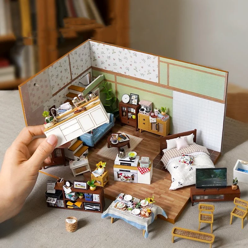 DIY 목재 미니어처 모델 키트 모던 로프트 카사 빌라 3D 퍼즐 인형 집 가구와 조명 포함 친구 생일 선물용