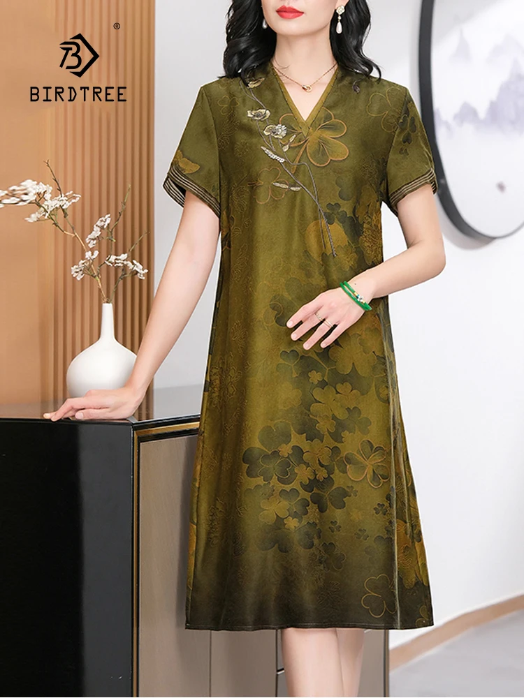 

BirdTree, 100%Real Silk XiangYunSha Dresses, Women Short Sleeve Printed, Temperament Loose Retro Mom Dress, 2024 Summer D44839QC