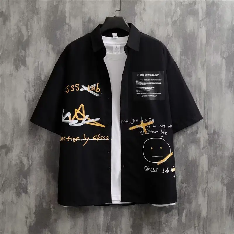 Summer New Male Loose Casual Printing Shirt Men Short Sleeve Fashion All-match Cardigan Top Hombre Japanese Style Buttons Blouse