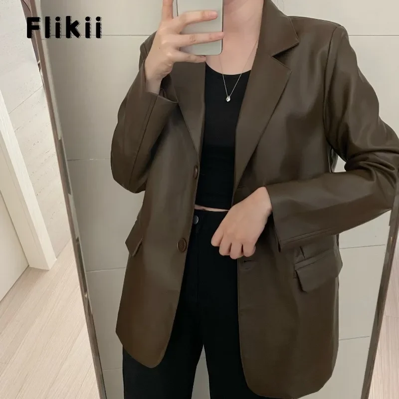 

Korean Women Retro Office Lady Solid Color Notched Collar Long Sleeve Leather Blazers 2023 Winter Vintage Casual Tailored Coat