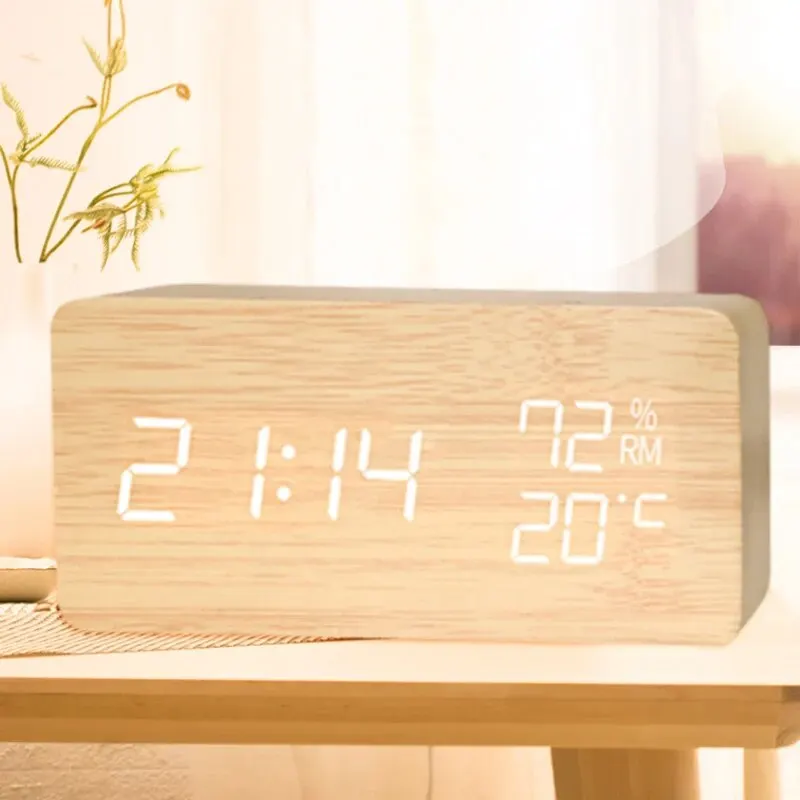 Enhanced Digital LED Wooden Clock with Voice Activation and Silent Alarm