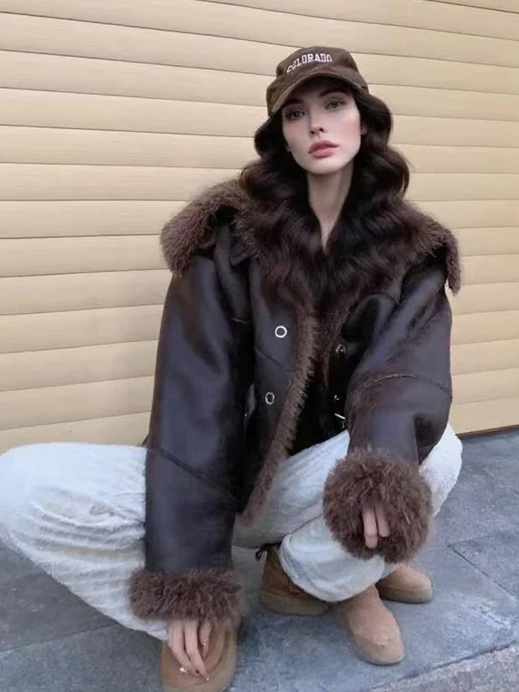 TFMLN Women Thick Plush Warm Jacket Lamb Wool Sheepskin Faux Leather Streetwear Loose Fur One Piece Winter Fashion Outerwear
