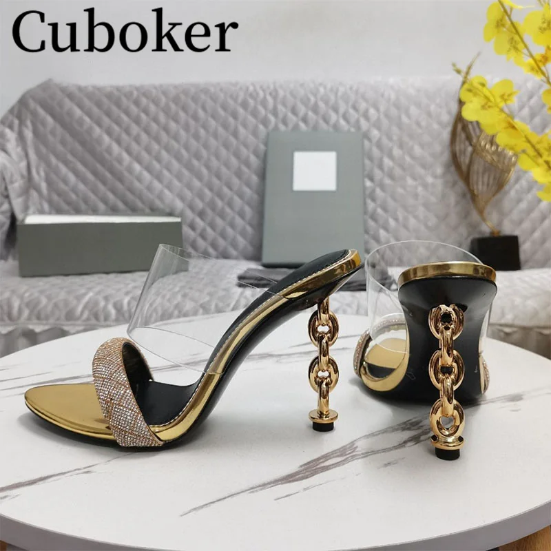 

Open toe Mules Runway Women Bling Slippers Chain Heel Female Pumps Party Designer Brand Half Slippers for Women Vacation mujer