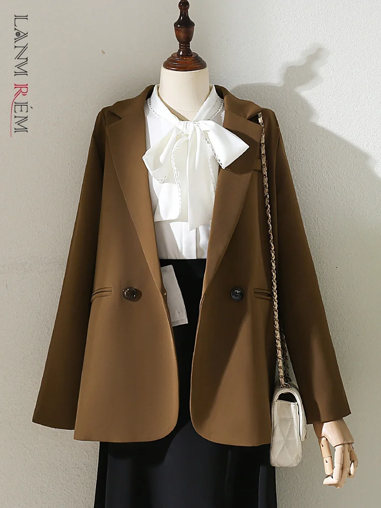 

LANMREM Office Lady Solid Color Blazer Women Notched Collar Double Breasted Slim Coat Fashion 2024 Spring New Clothing 32C481