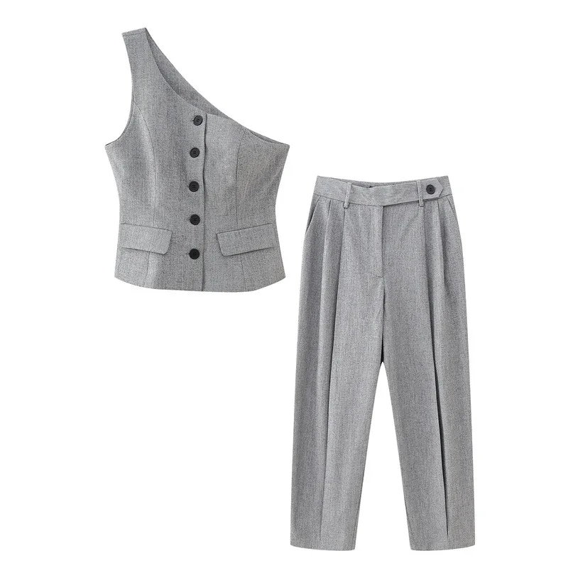 

Women Fashion Asymmetric Waistcoat Sexy One Shoulder Female Tops Pocket Fit Pants High Waist Fly Trousers 2 piece set suit gray