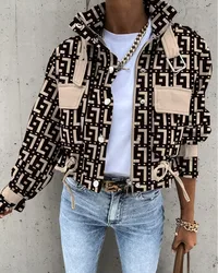 New Autumn Jacket for Women Fashion Geometric Print Pocket Design Causal Zipper Office Biker Jacket