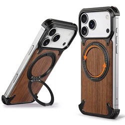 Elegant Wooden Phone Case with Magnetic Stand and 360° Rotatable Shockproof Protection - iPhone 17 Pro (Black)