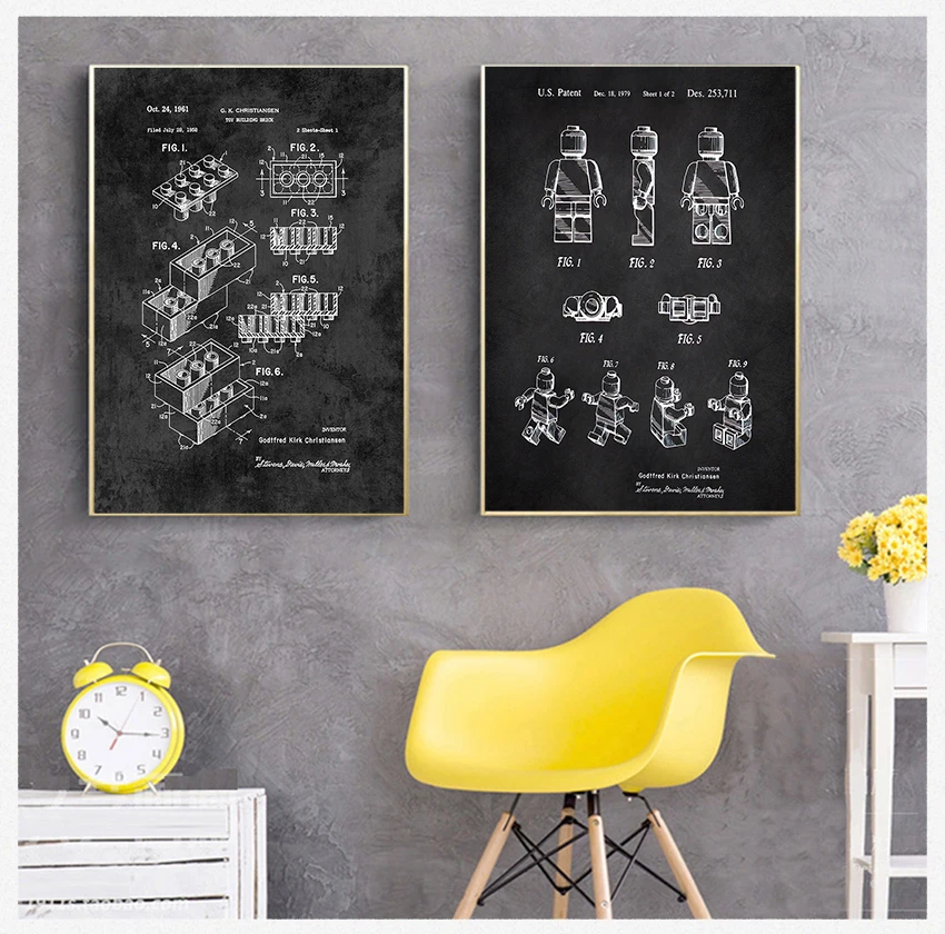 Kids Room Decor Vintage Blueprint Canvas Painting Picture Game Idea Regalo Lego Building Blocks Stampa Brevettata Toy Wall Art Poster
