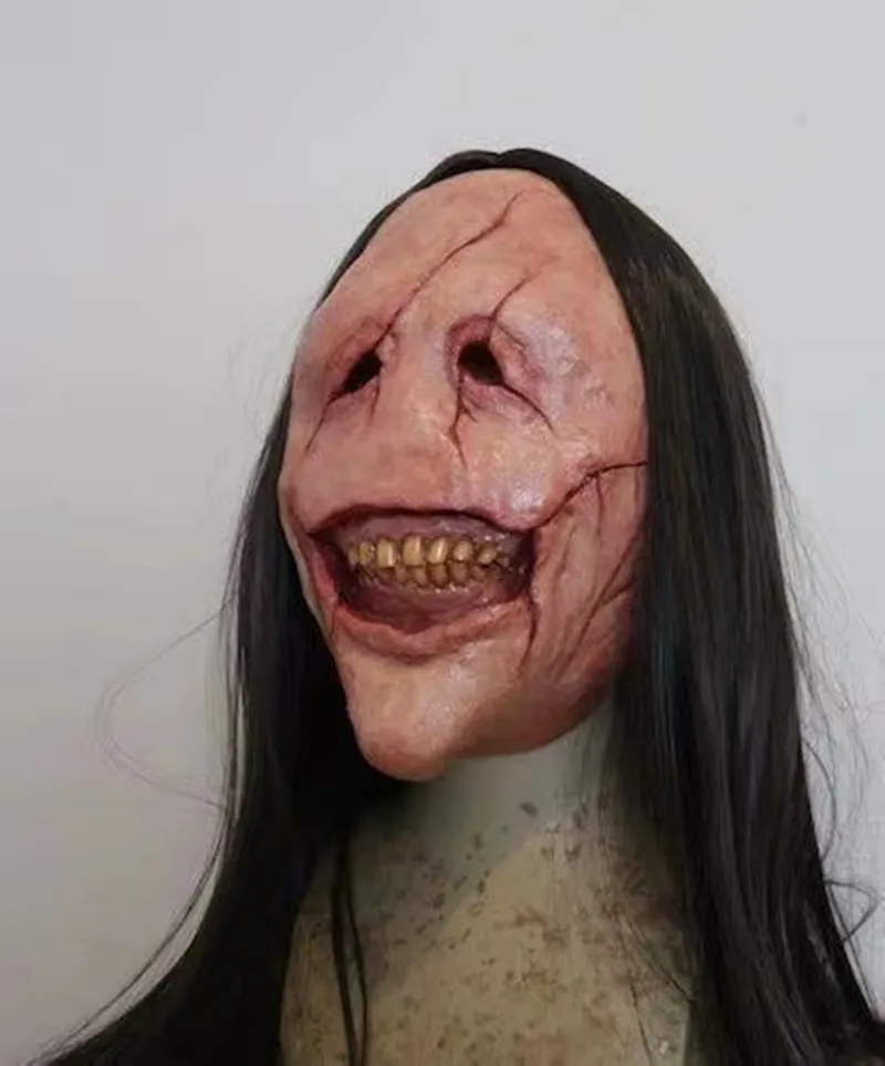 

Halloween Terror Long Hair Demon Mask Red Face Demon Mask Exposed Teeth Demon Latex Long Hair Mask