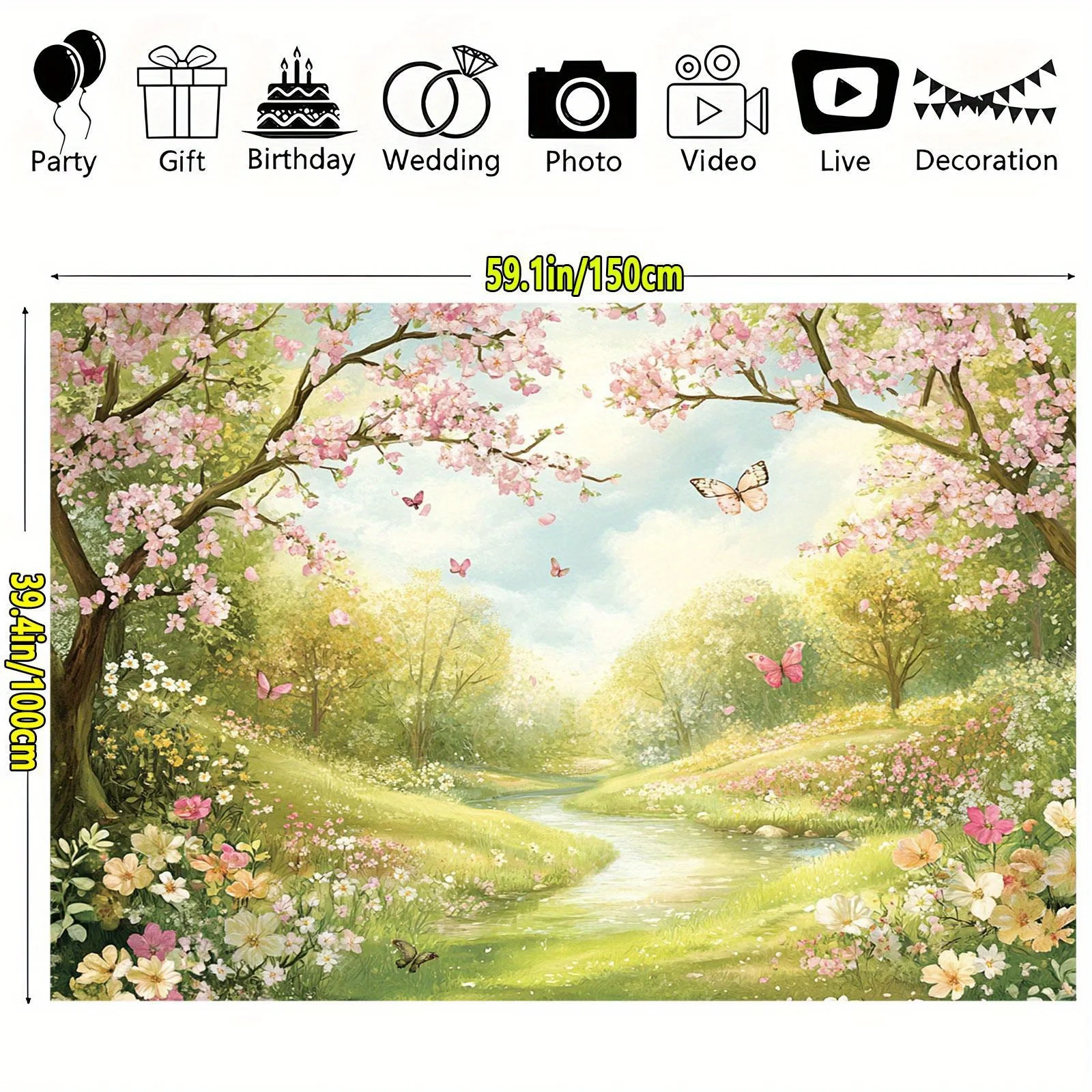 Ein farbenfrohes Blumen- und Gras-Party-Banner – strapazierfähige Frühlingsszene aus Polyester mit Kirschblüten, Schmetterlingen und Bächen – Detail 6
