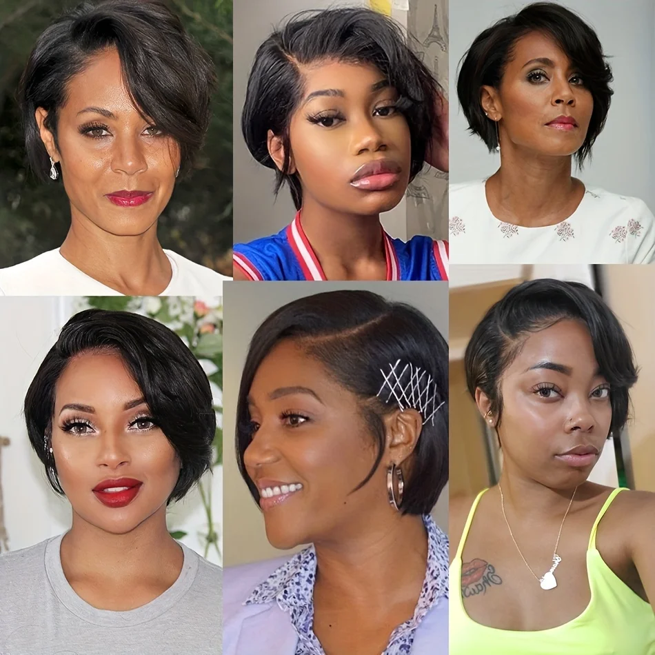 Pixie Cut Human Hair Wig T-Part Lace Frontal 13x4x1, Transparent Lace Natural Black Short Wig for Women