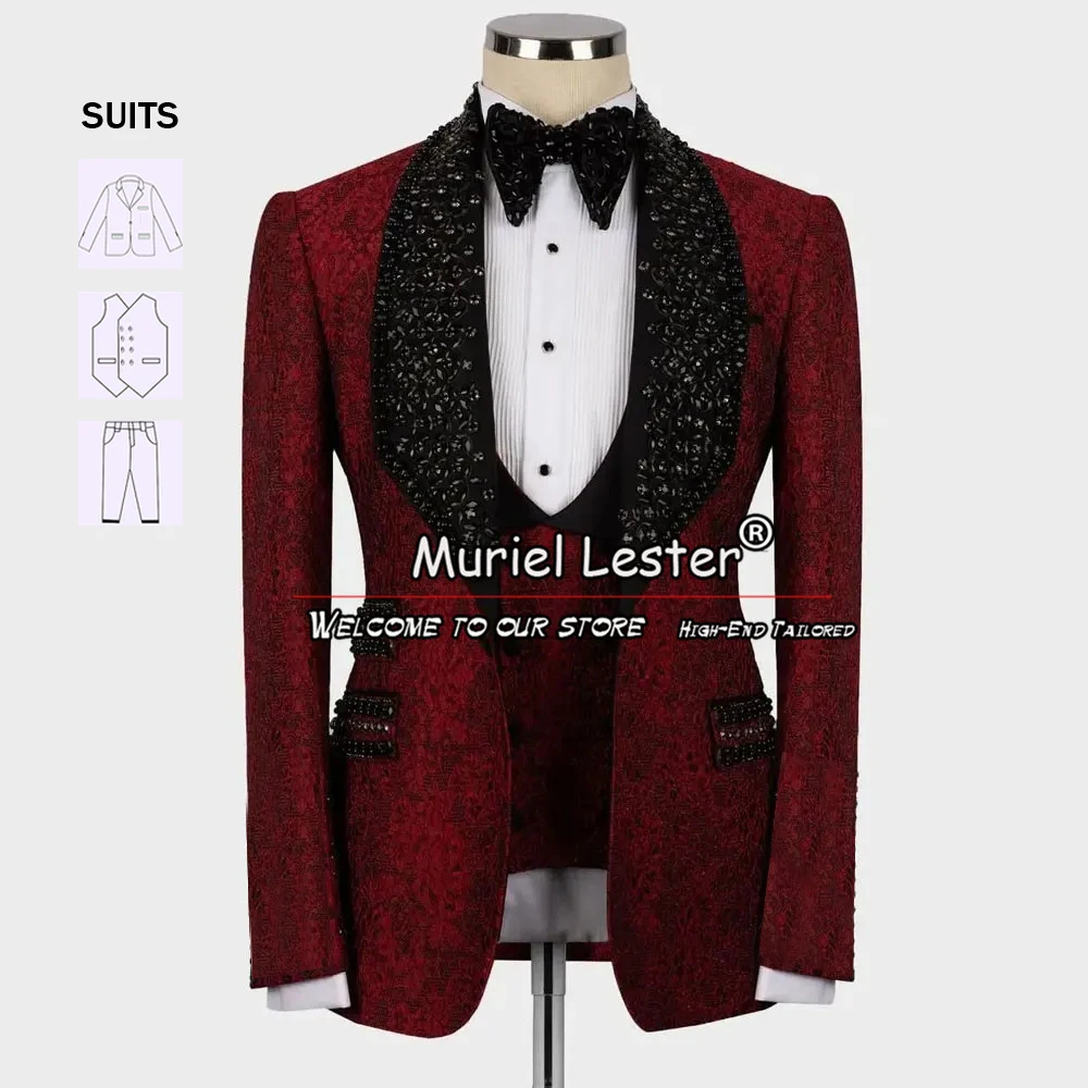 Burundy abiti da uomo smoking da sposa formale elegante Blazer con risvolto con perline floreali su misura 3 pezzi banchetto Prom Party abito maschile