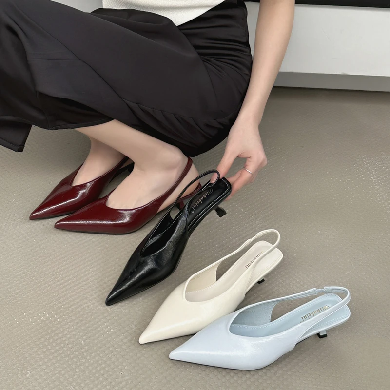 Women Sandal Pointed Toe Shallow Slip On Slingback Shoes Thin Med Heel Outdoor Dress