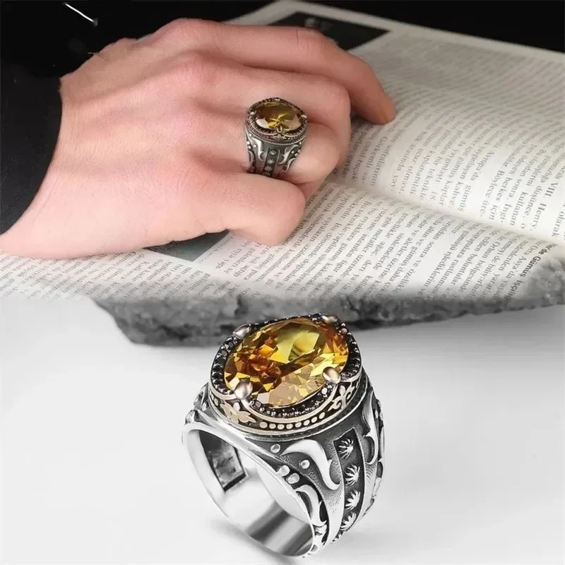 Signet Ring Vintage Handmade Turkish for Men Silver Color Carving Pattern Inlay Zircon Punk