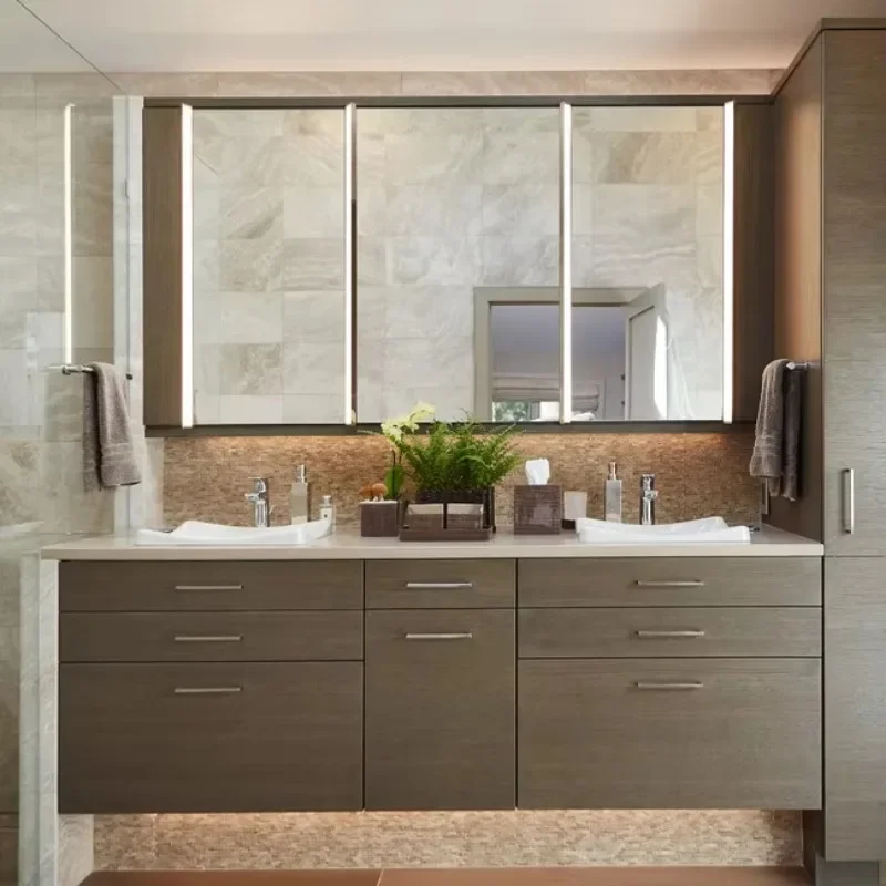 Modern Furniture Full Set Led Mirrored Wood Grain Bathroom Cabinets