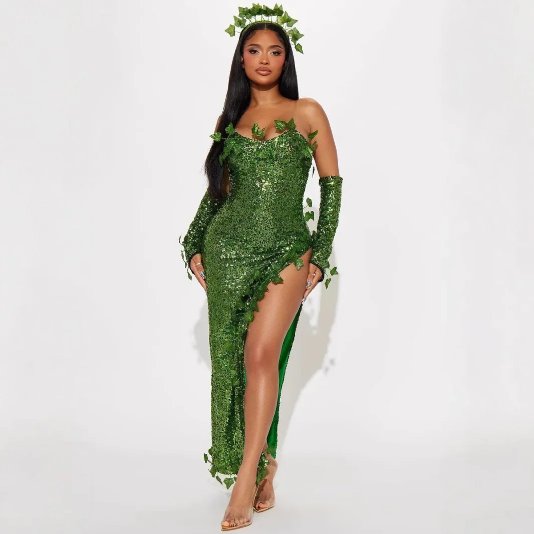 green emerald velvet dress Emerald Green Leaf Satin Women Plus Size Kaftan Dress for Tropical Holidays main image 0