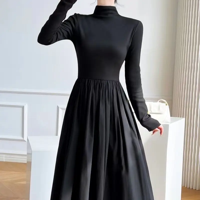 

Fall Winter New Women's Black Half Turtleneck Dress Elegant Knit Patchwork Slim Waist Maxi Dress Female Casual Long Vestidos