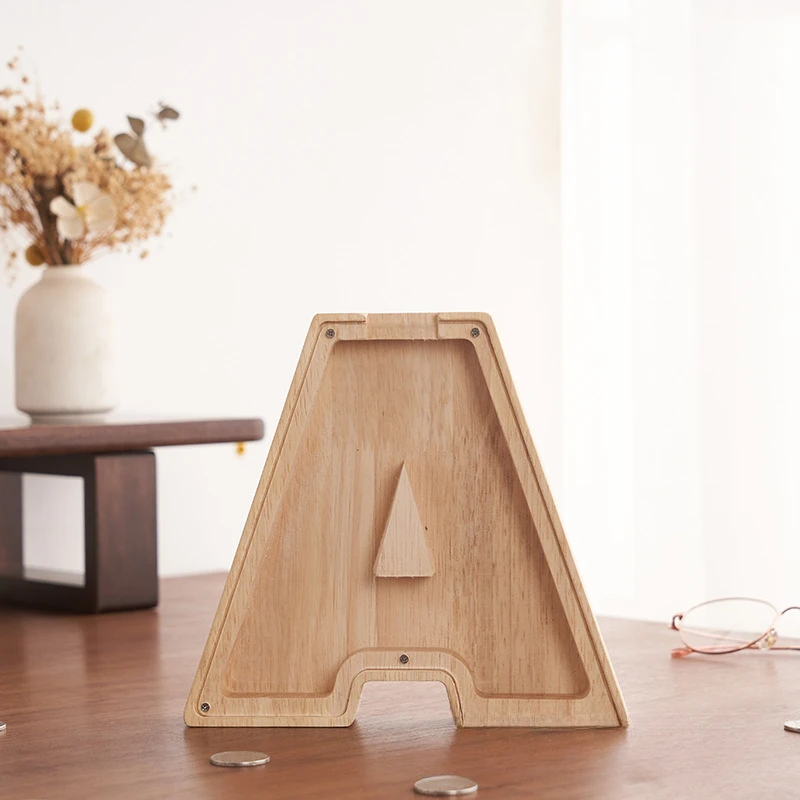 Twenty-six Letter Piggy Bank Wooden Coin Money Saving Box Jar Coins Storage Box Desktop Ornament Home Decor Crafts Xmas Gift