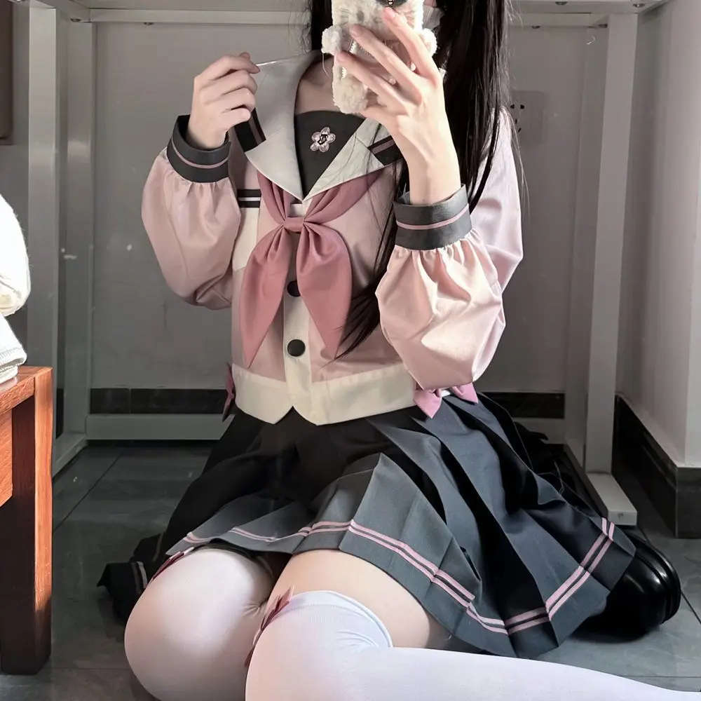 JK Short Skirt Suit Girls Long Sleeve Navy Collar Bow Collegiate Style Sailor Clothes Goldfish Bow Tie