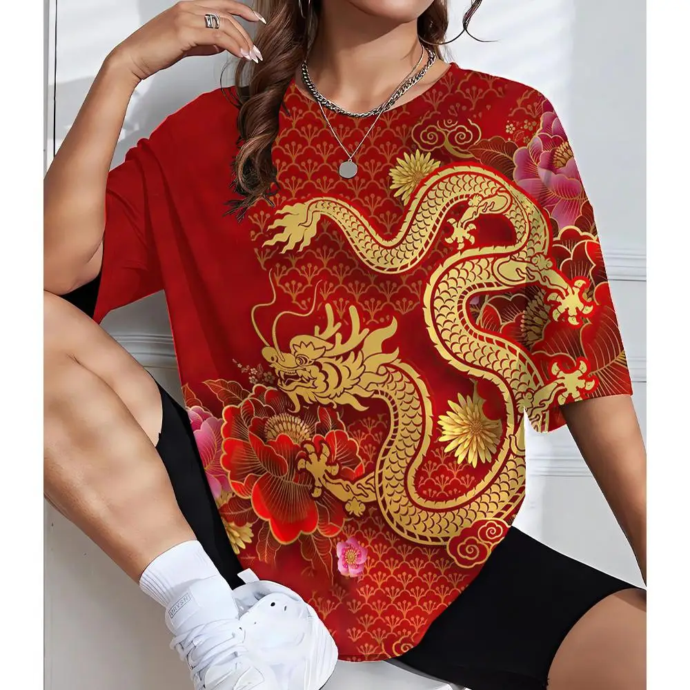 

New Women's T-Shirt, New Year of the Dragon Printing Elements, Top Fashion Trend Casual Short-Sleeved Top Y2k Loose T-Shirt