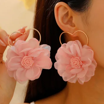 Bohemian Fashion Big Pink Flower Heart Earrings For Women Jewelry 2025 Trending New Fresh Leaf Yarn Fabric Flower Drop Earrings