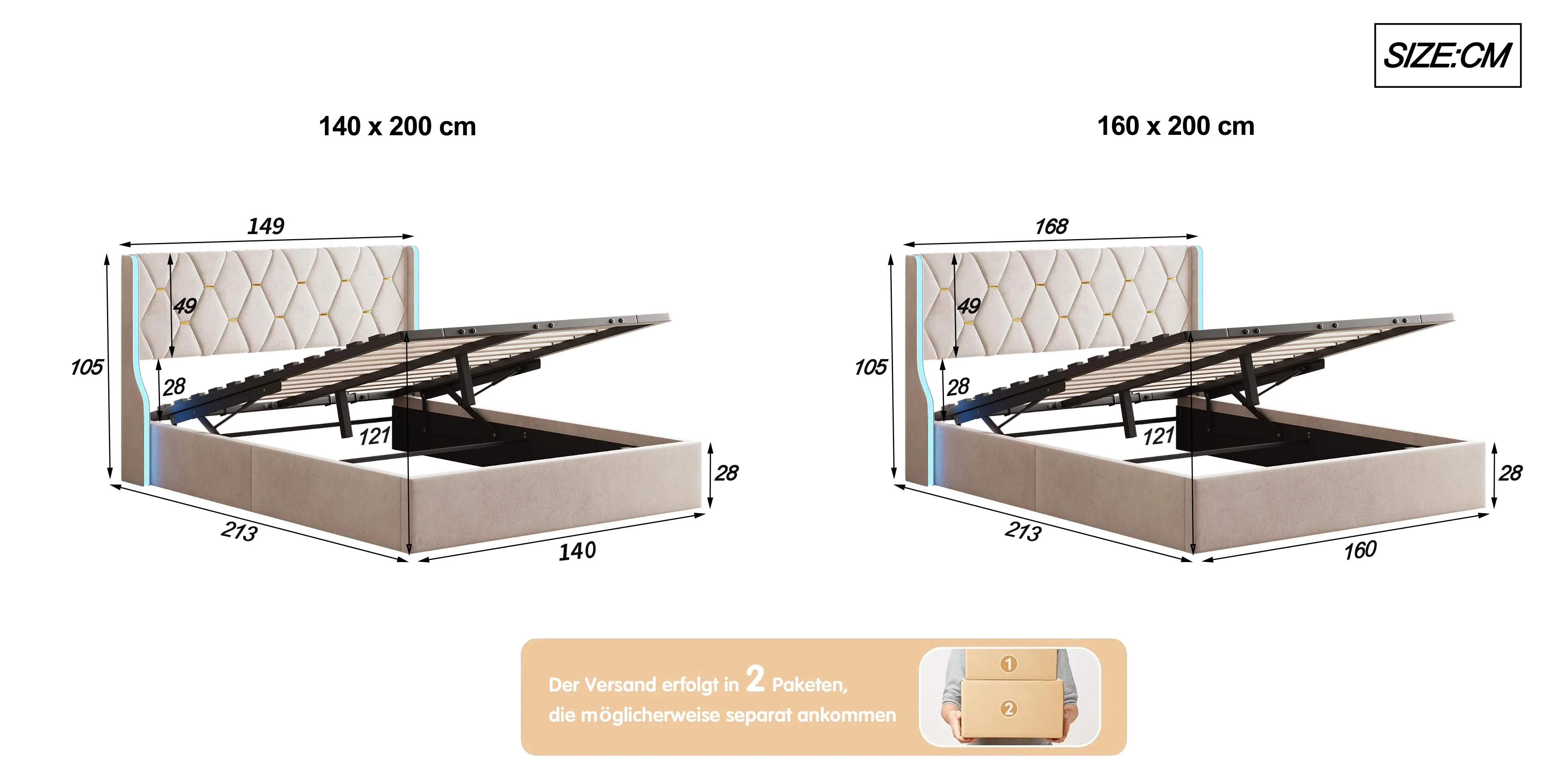 Comanlai Polsterbett, Bettgestell mit LED-Beleuchtung und Hydraulikstange, Doppelbett mit Lattenrost, Ohne Matratze, Beige – Detail 1